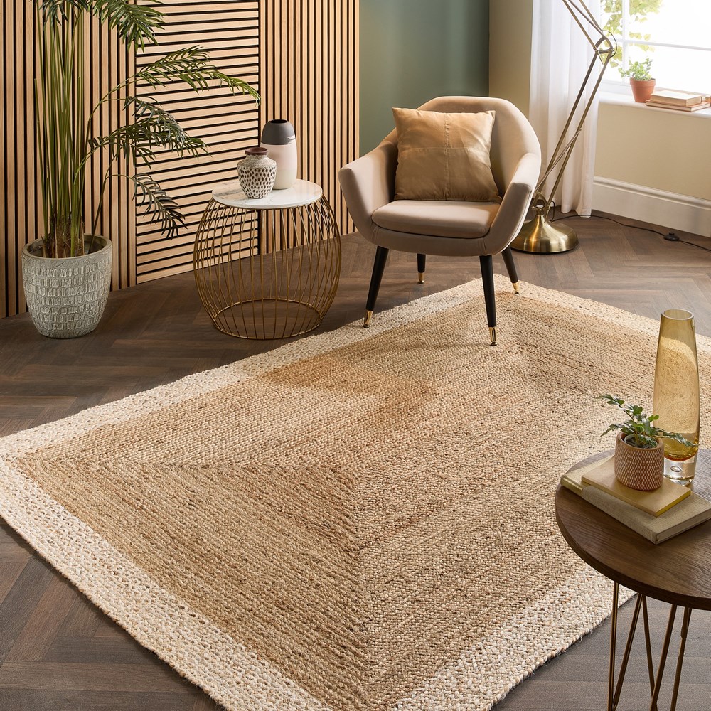 Jute Bordered Plain Woven Modern Rugs in Natural White